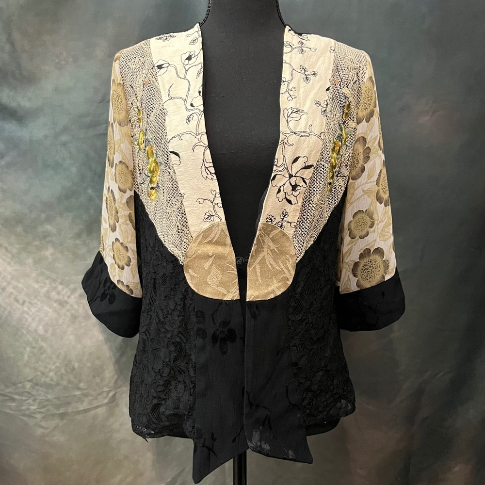 Vintage Spencer Alexis Black Lace Floral Patchwork Kimono Jacket Size S Y2K Top